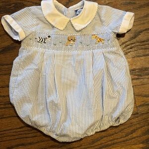 Blue and White Seersucker Smocked Baby Romper